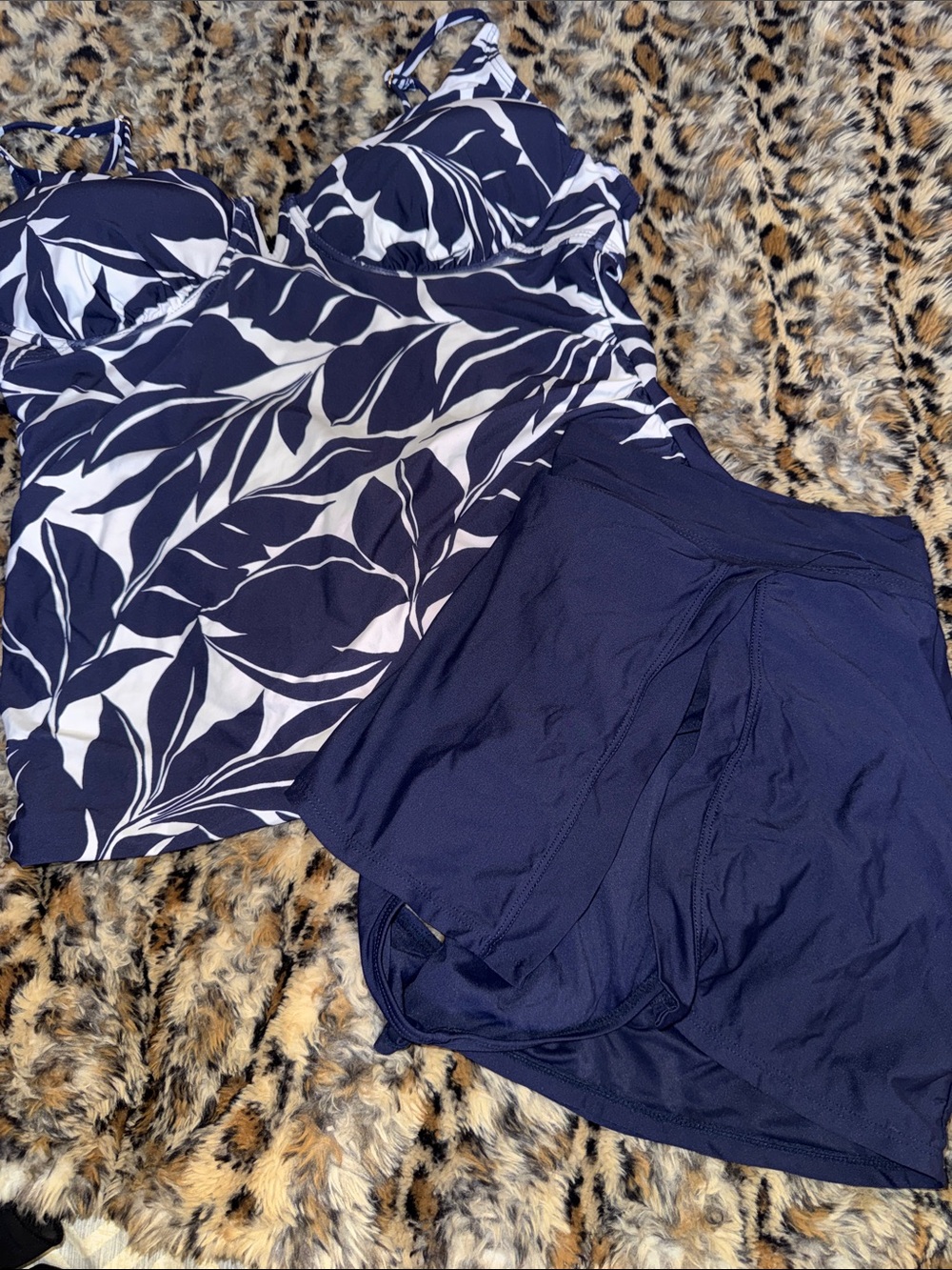 Anne Cole Navy & White Leaf-Print One-Piece with Navy Swim Skirt
